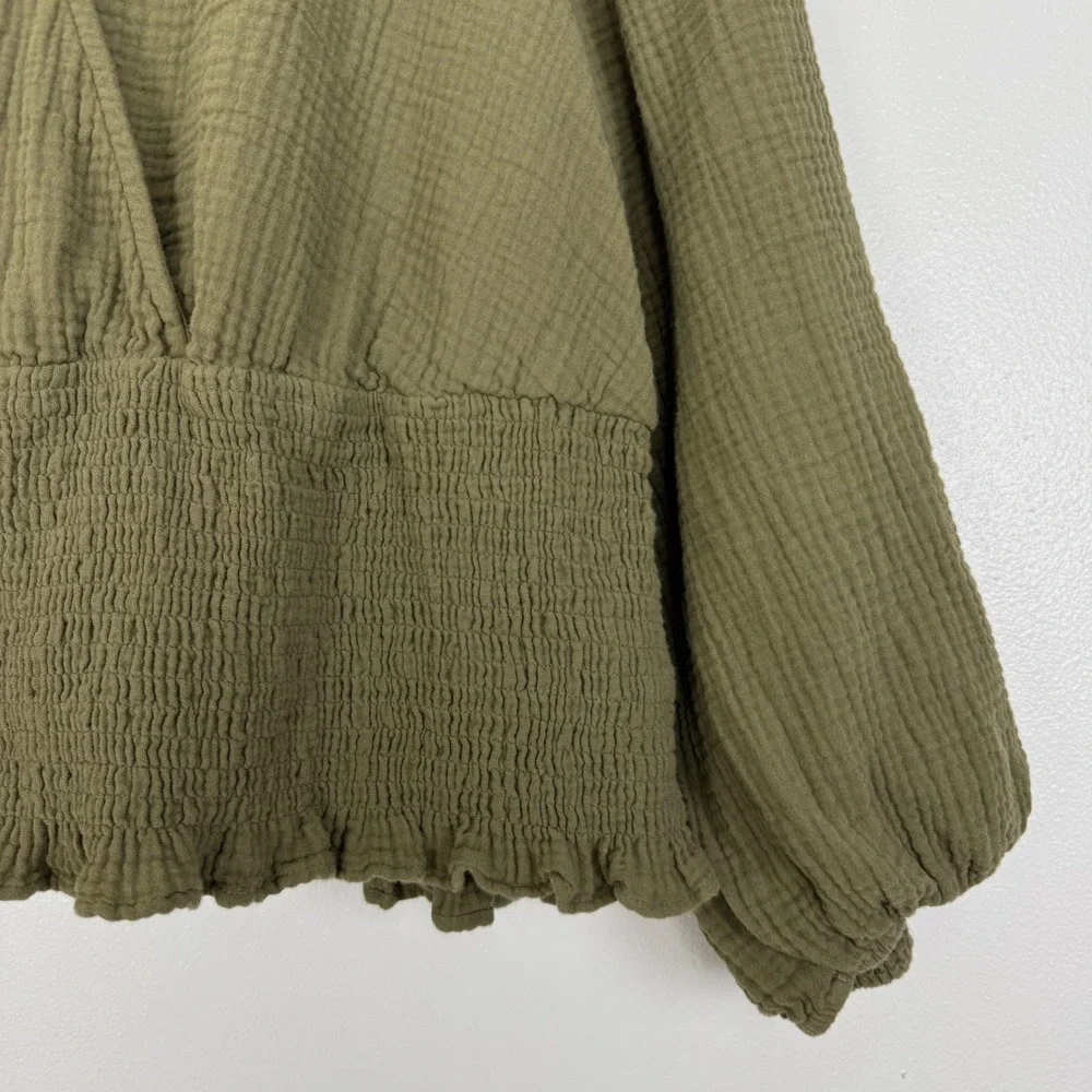 Madewell Smocked Wrap Top Womens 2X Green Cotton Gauze‎ Puff Sleeve Julianne